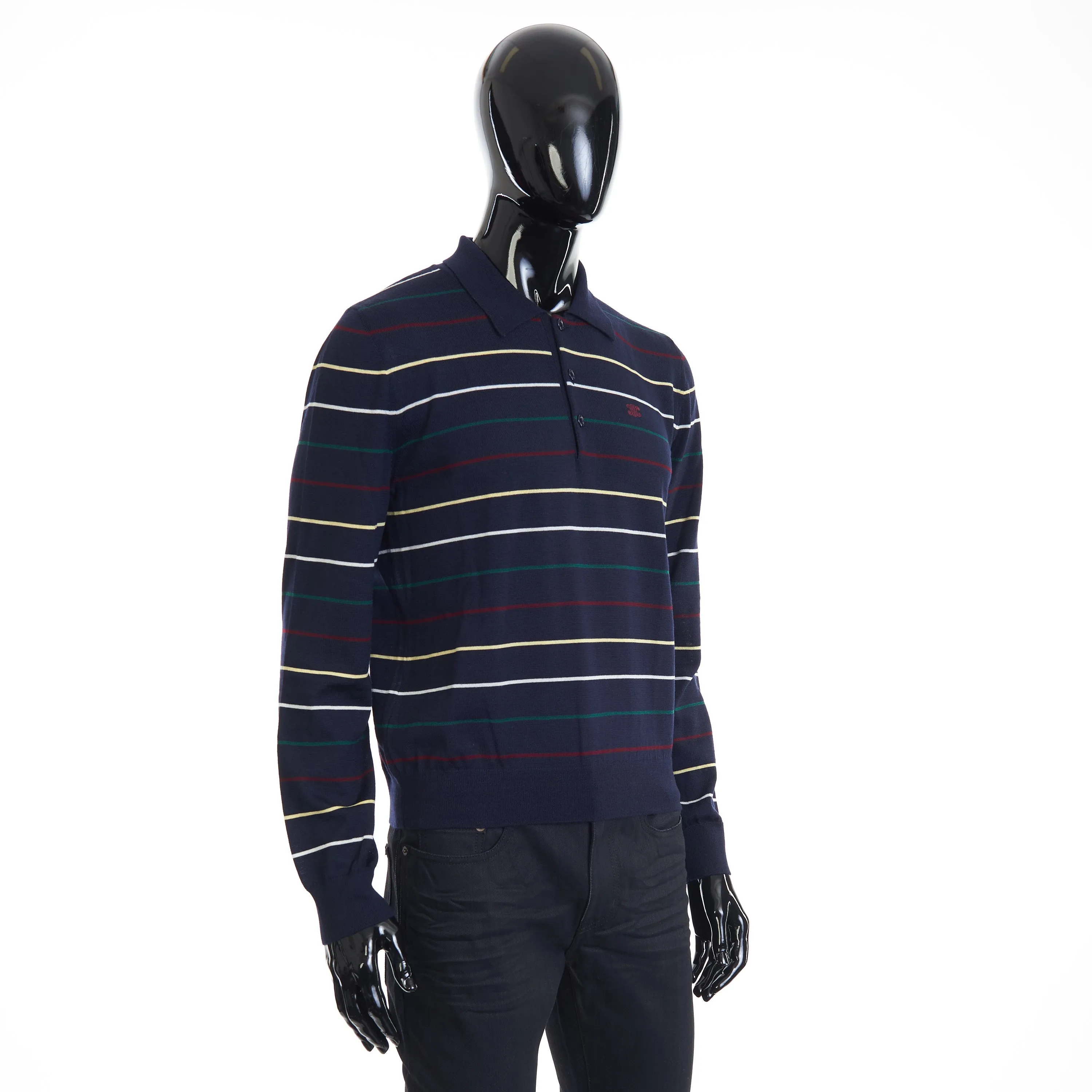 Navy Blue Striped Polo Shirt - Embroidery, Fine Wool