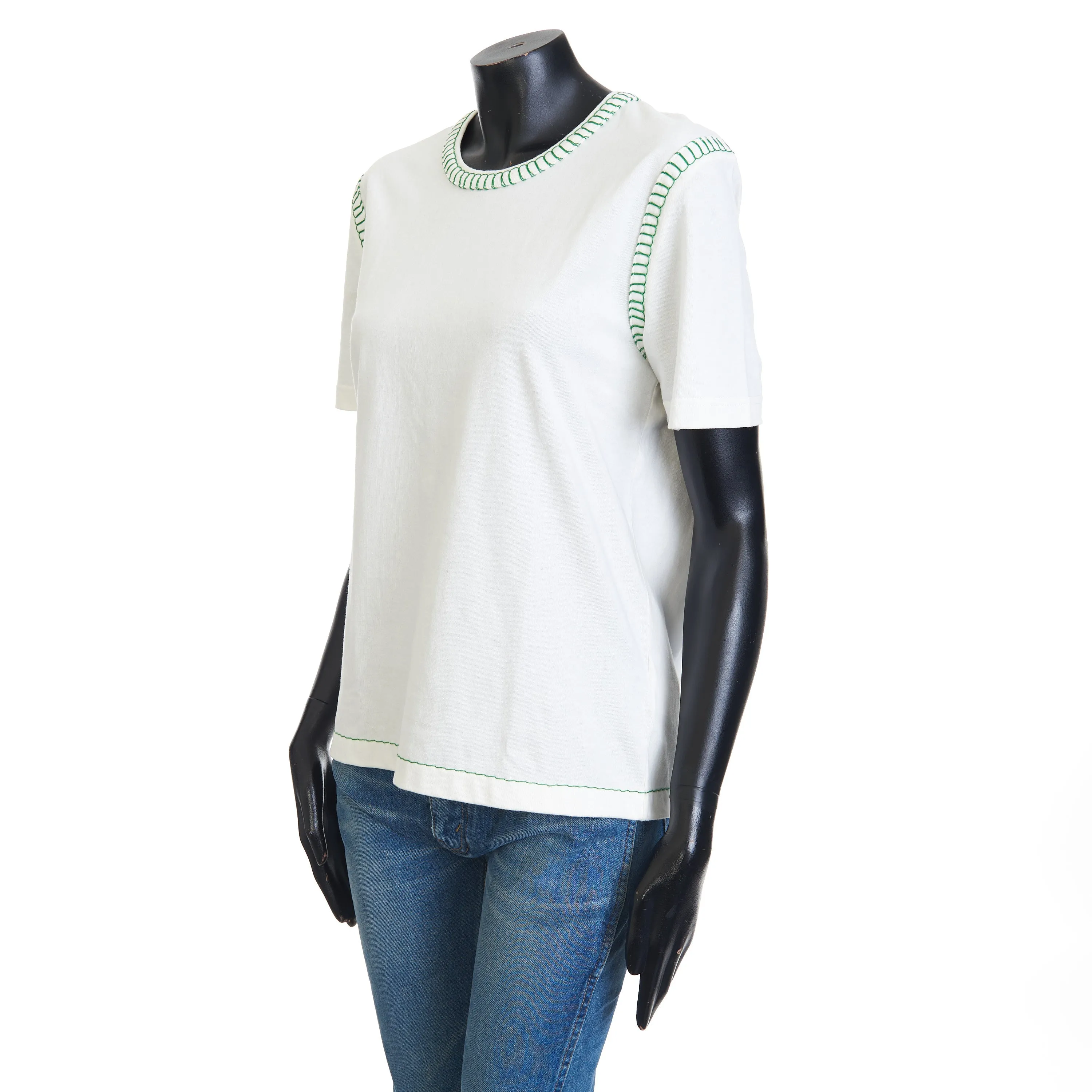 Overlock Tshirt In White Cotton & Green Stitch Detailing