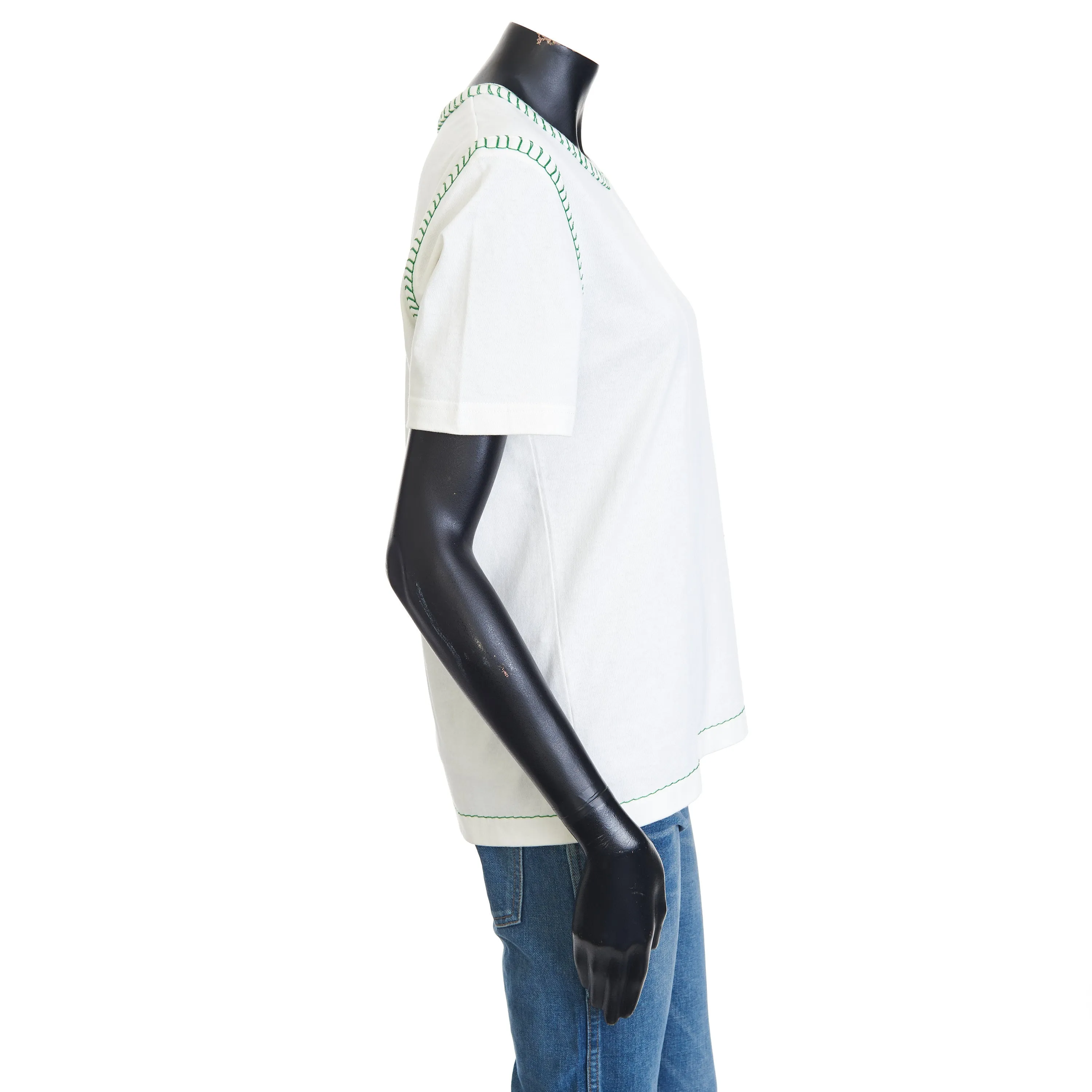 Overlock Tshirt In White Cotton & Green Stitch Detailing