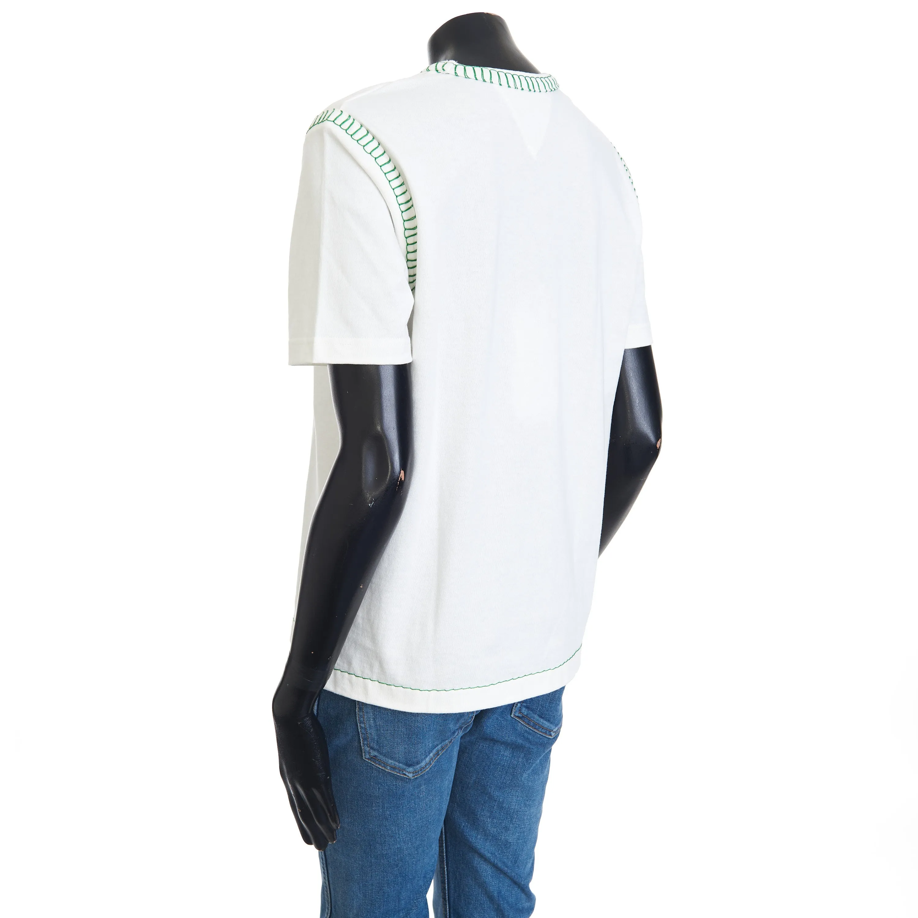 Overlock Tshirt In White Cotton & Green Stitch Detailing