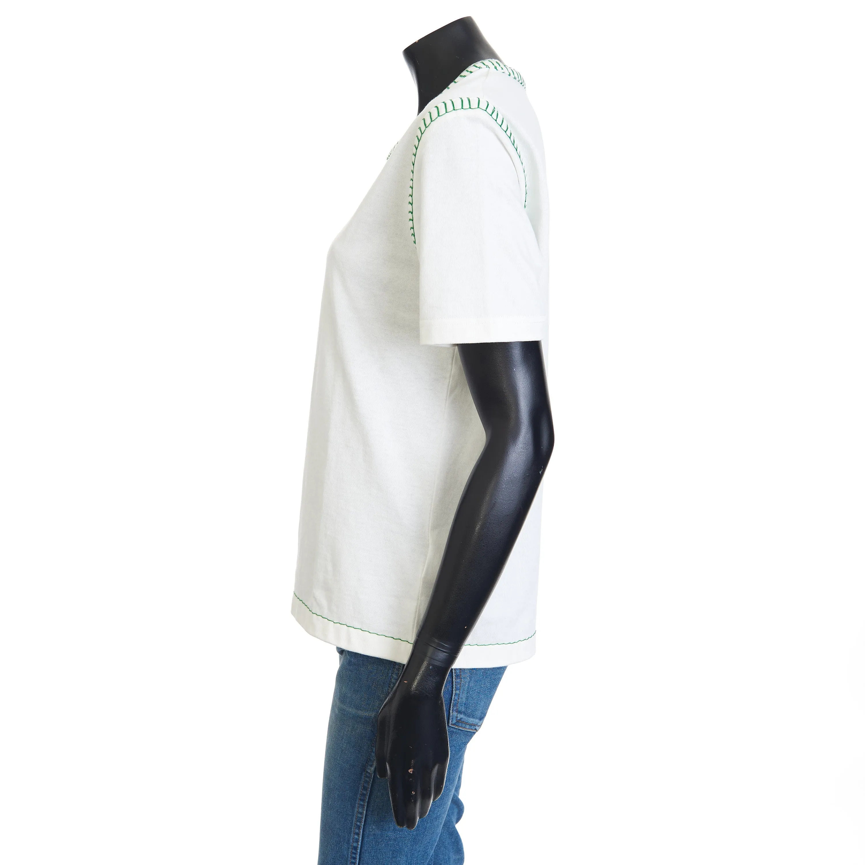 Overlock Tshirt In White Cotton & Green Stitch Detailing