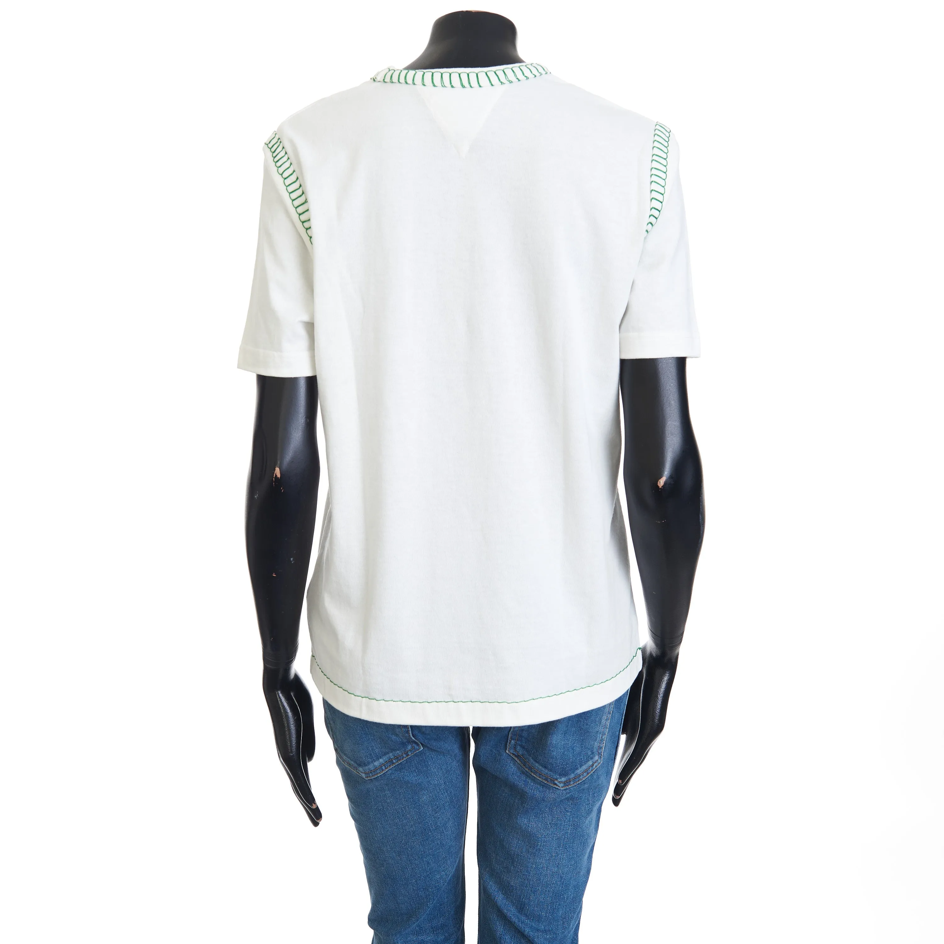 Overlock Tshirt In White Cotton & Green Stitch Detailing