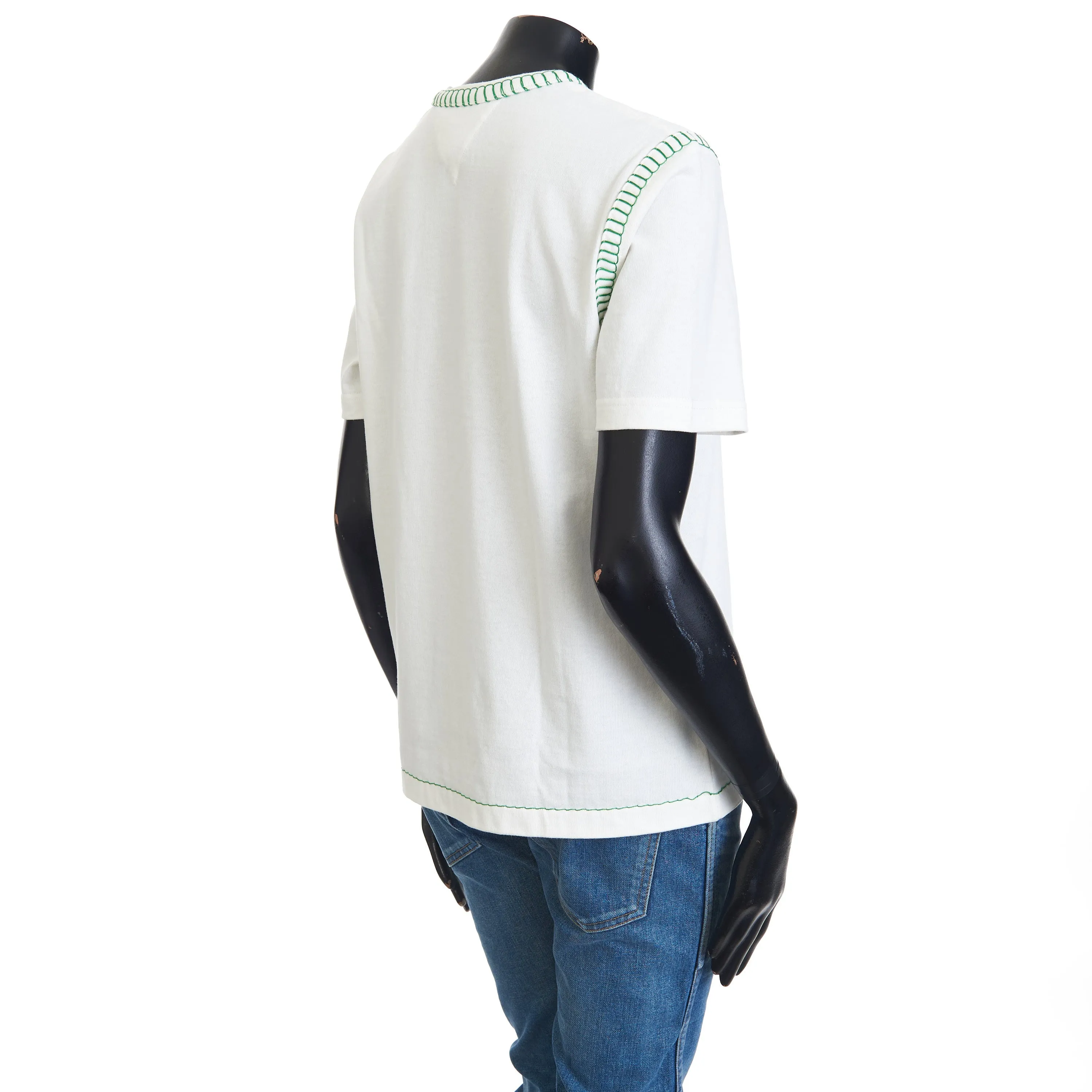 Overlock Tshirt In White Cotton & Green Stitch Detailing