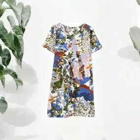 Patch V Neck Short Sleeve Cotton Linen Printed Dress