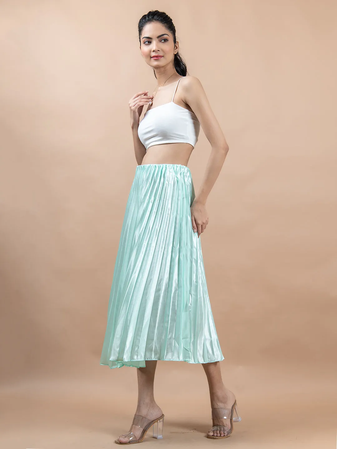 Pista Green Flared Skirt with Accordion Pleats