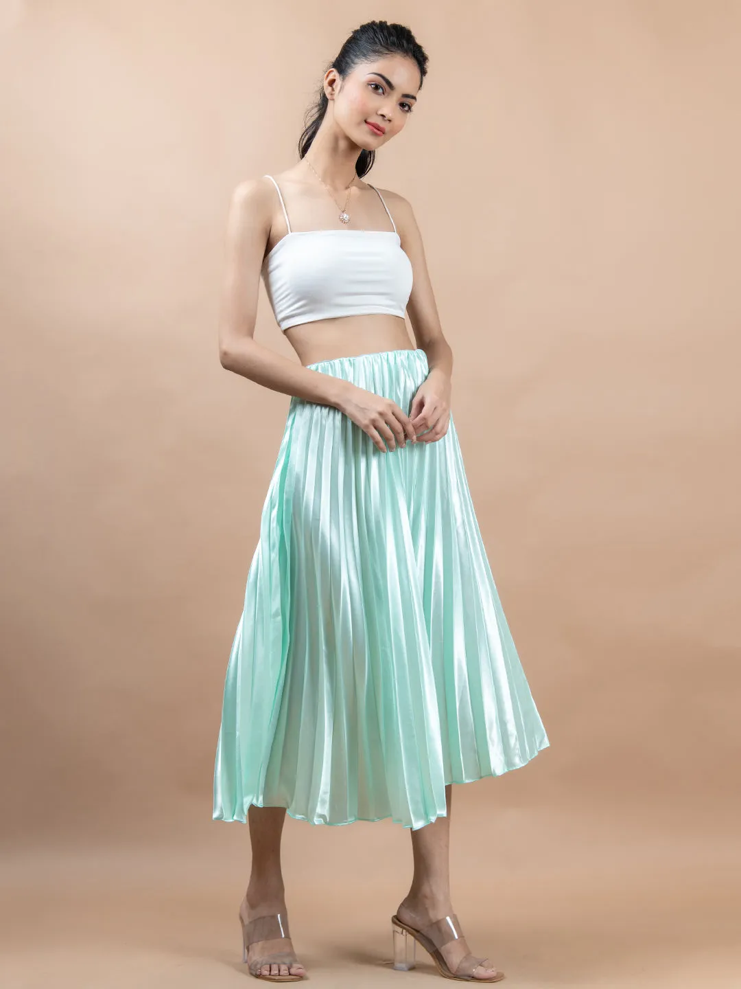 Pista Green Flared Skirt with Accordion Pleats