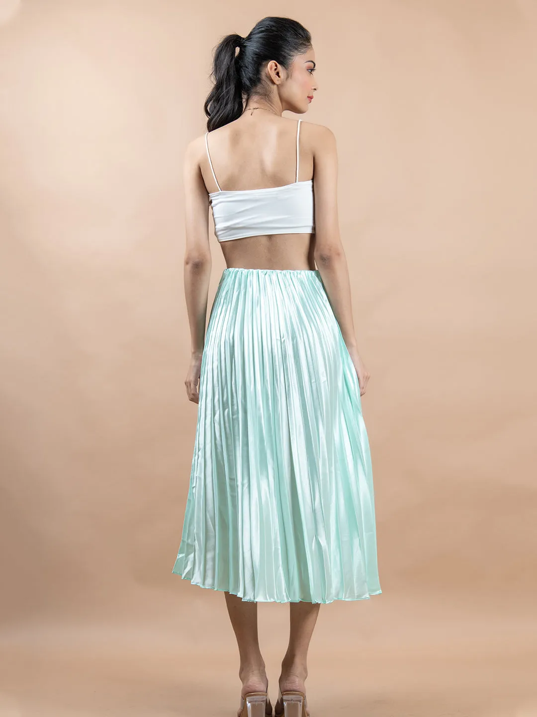 Pista Green Flared Skirt with Accordion Pleats