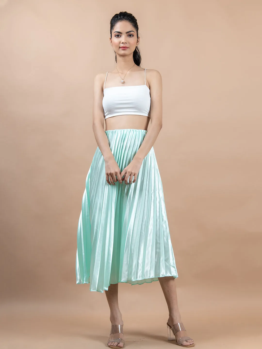 Pista Green Flared Skirt with Accordion Pleats