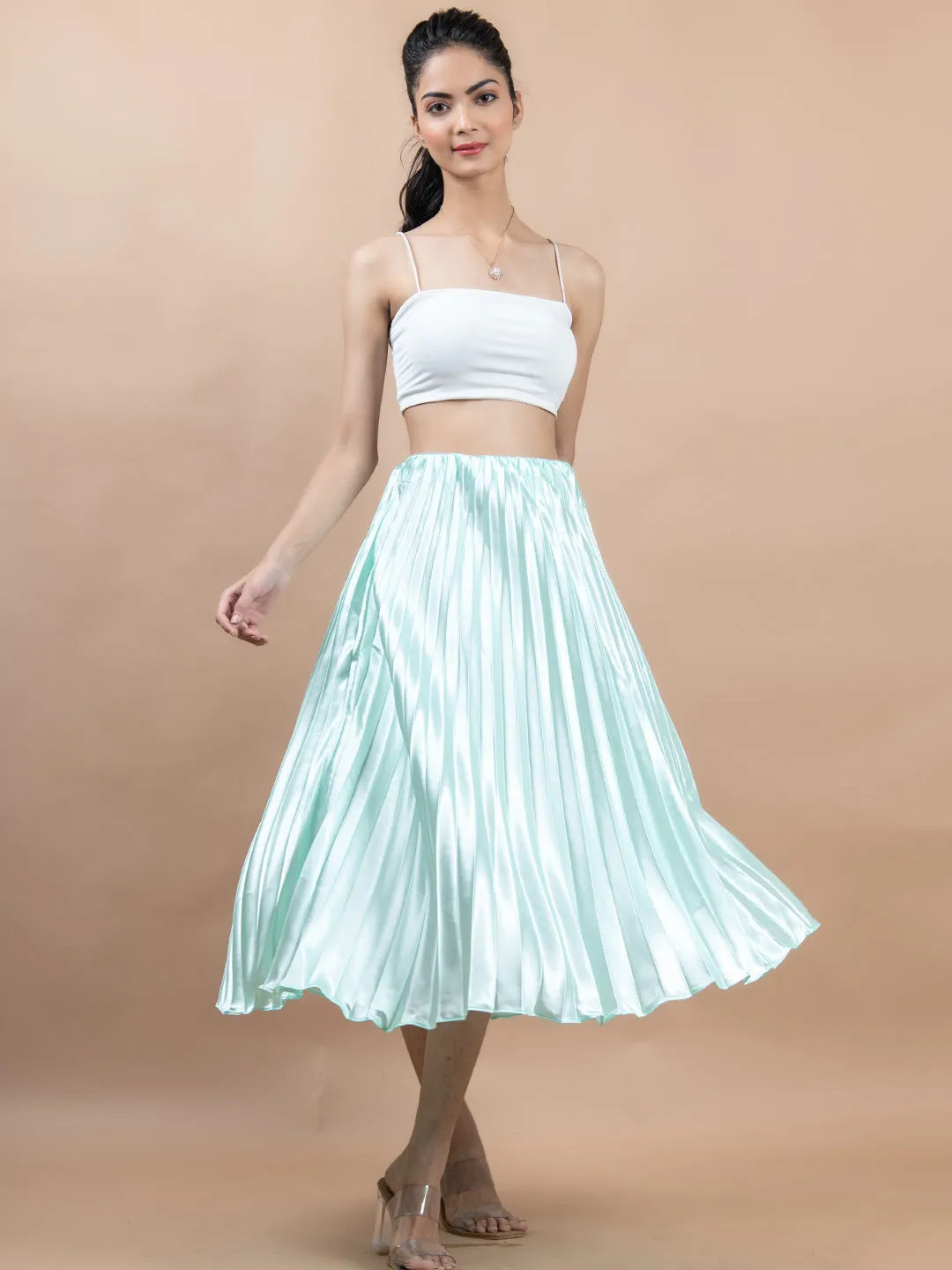 Pista Green Flared Skirt with Accordion Pleats