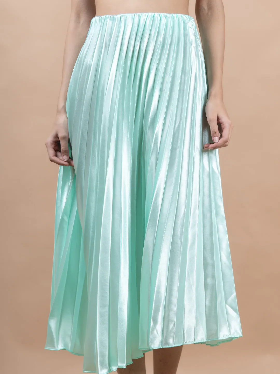 Pista Green Flared Skirt with Accordion Pleats