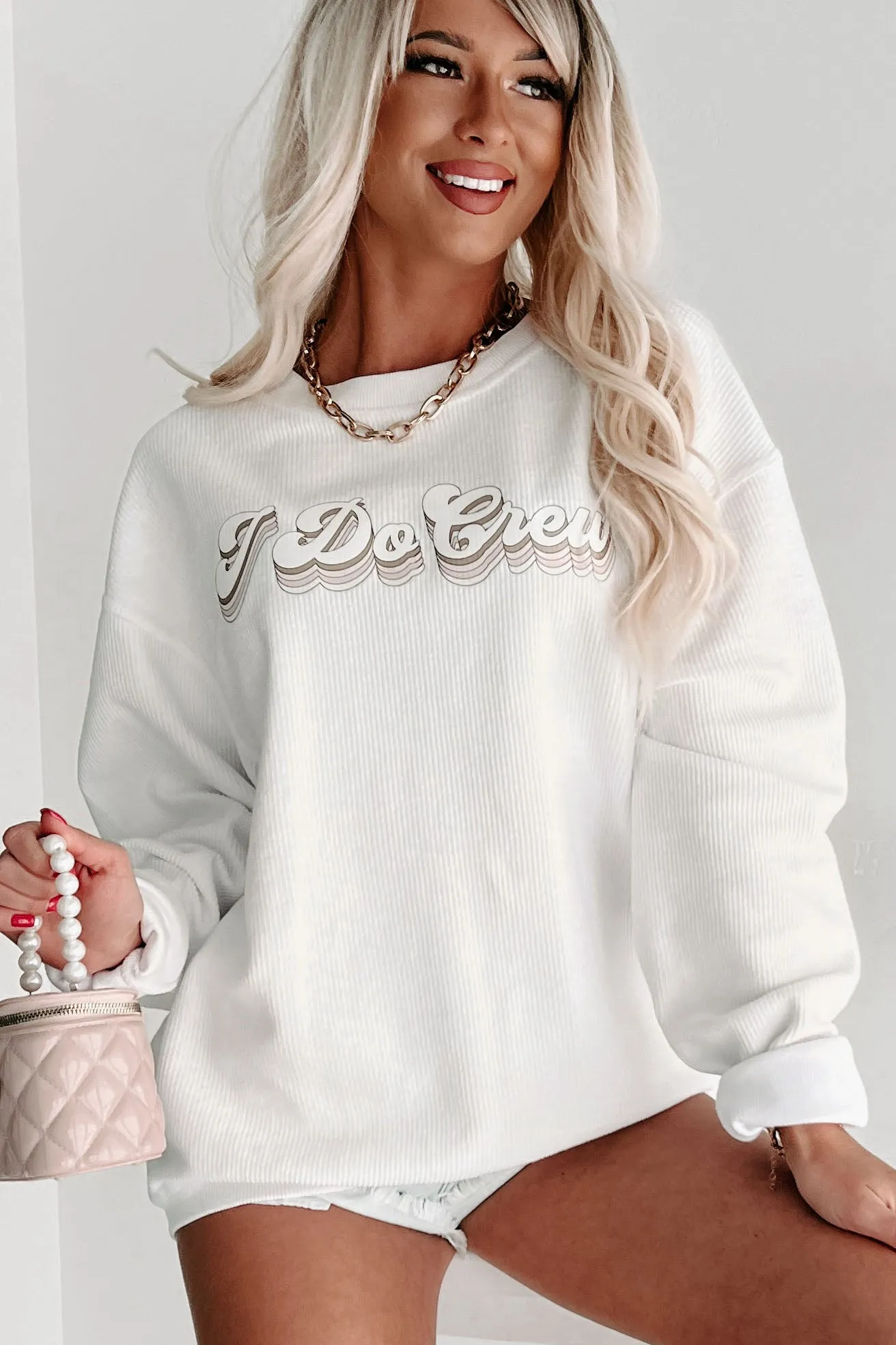 "I Do Crew" Corded Metallic Graphic Crewneck (White) - Print On Demand