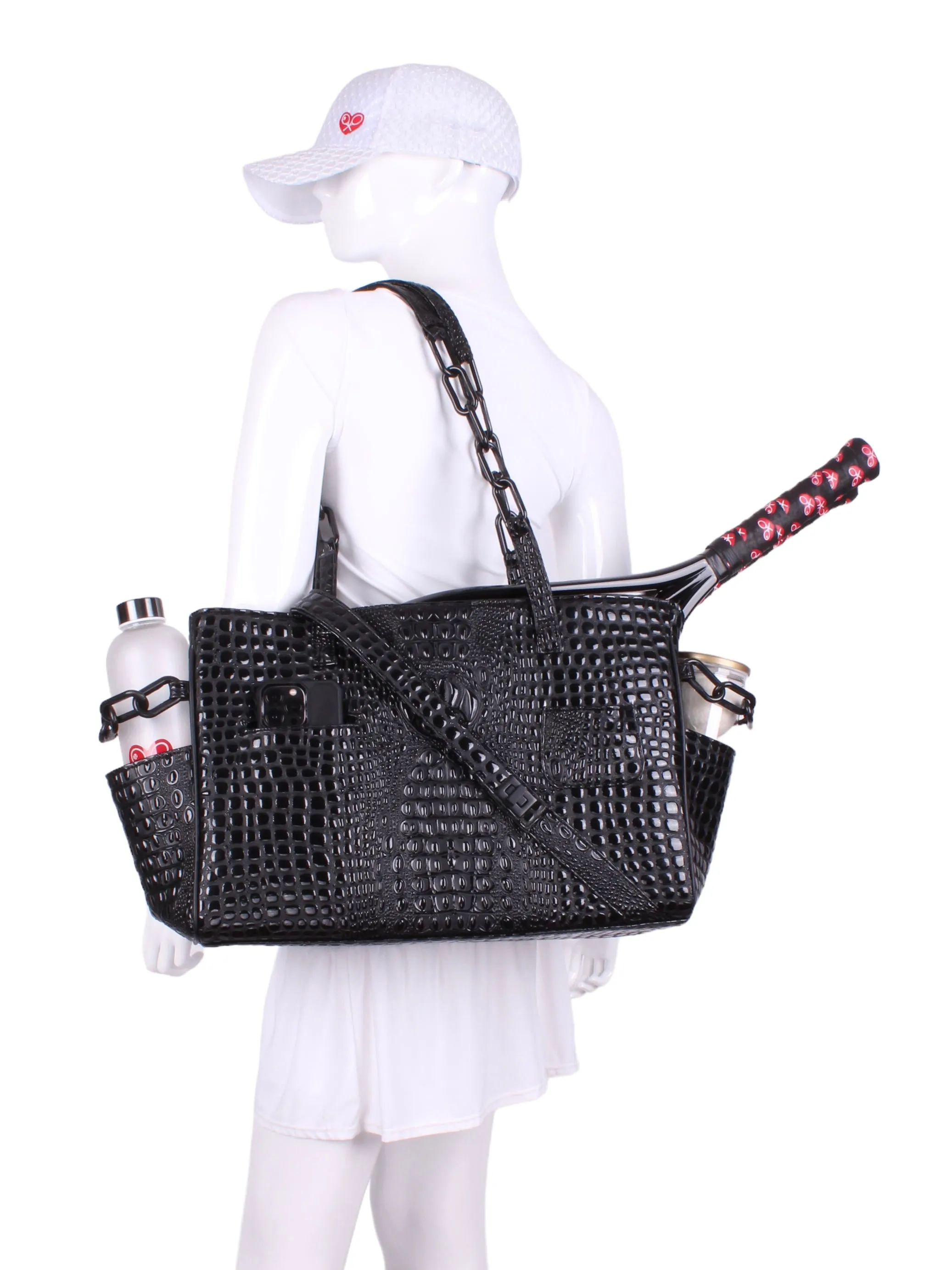 The Long Tennis Tote - Shiny Black Vegan Alligator